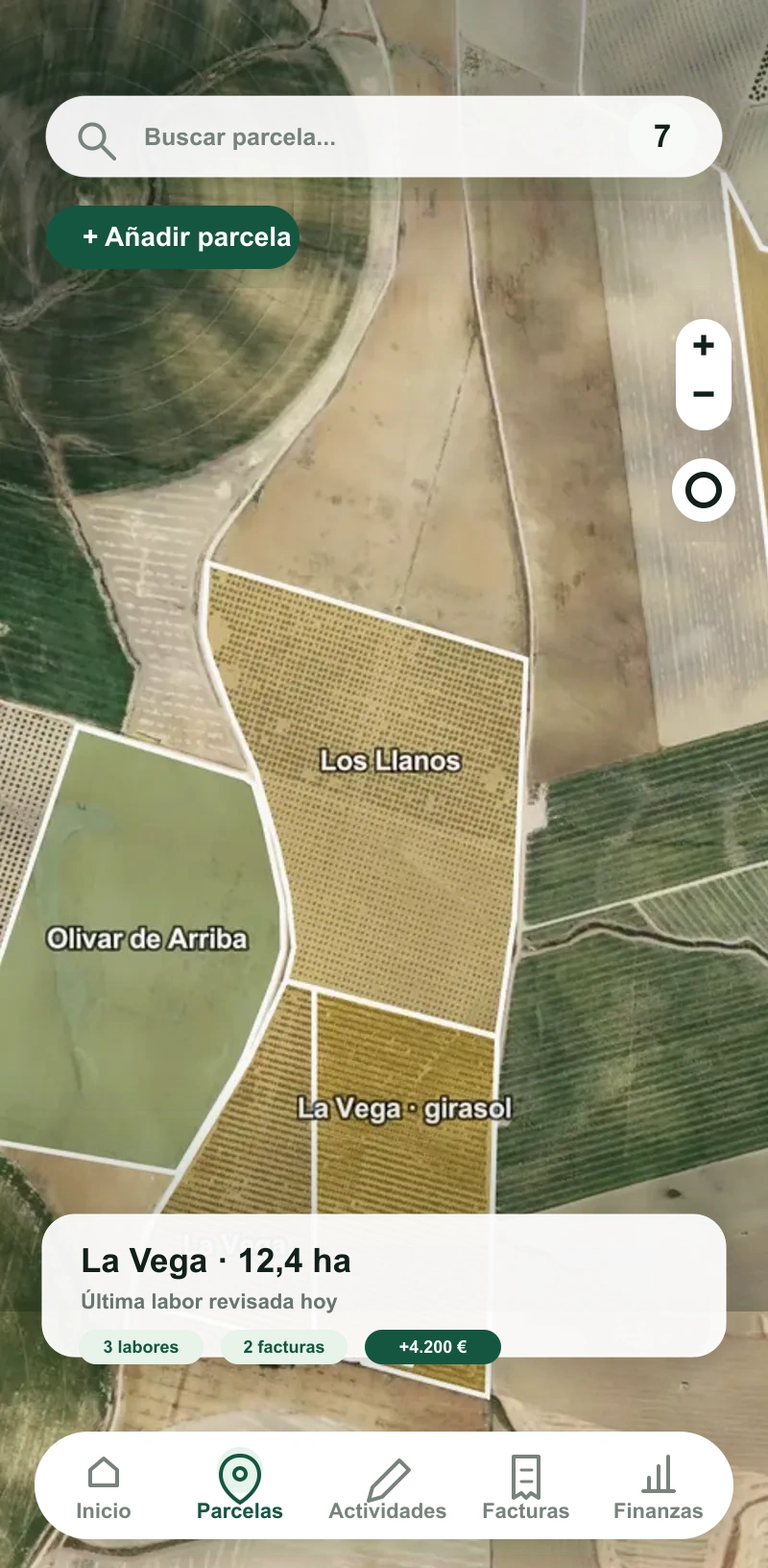 Pantalla móvil de Agroffi con mapa de parcelas.