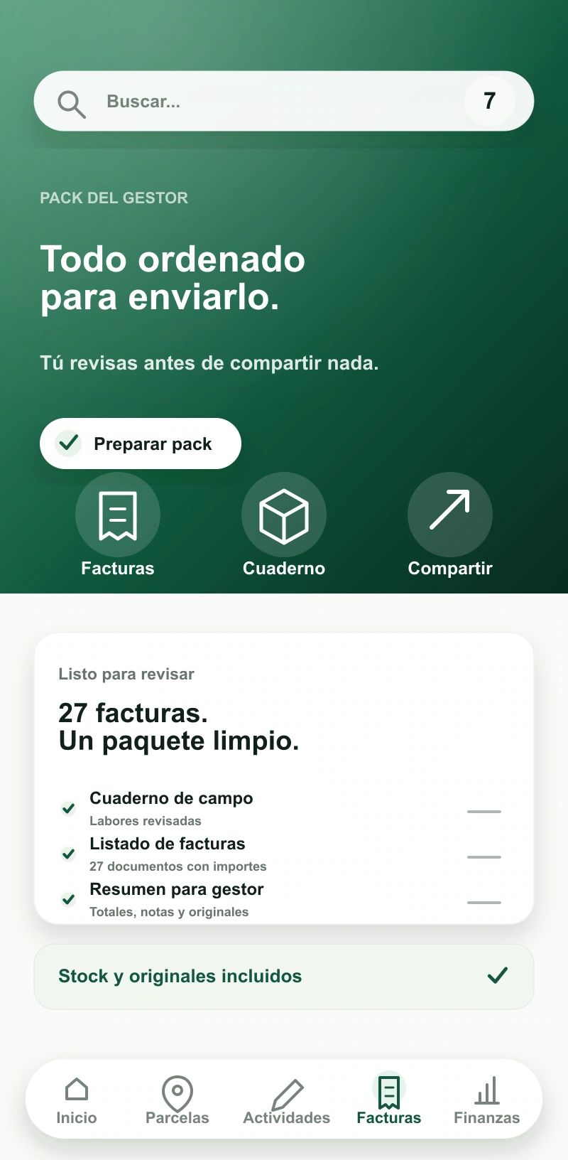 Pantalla móvil de Agroffi con el pack del gestor listo para revisar.